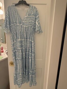 Baltic Born Light Blue and White Leaf-Print V-Neck Maxi Dress